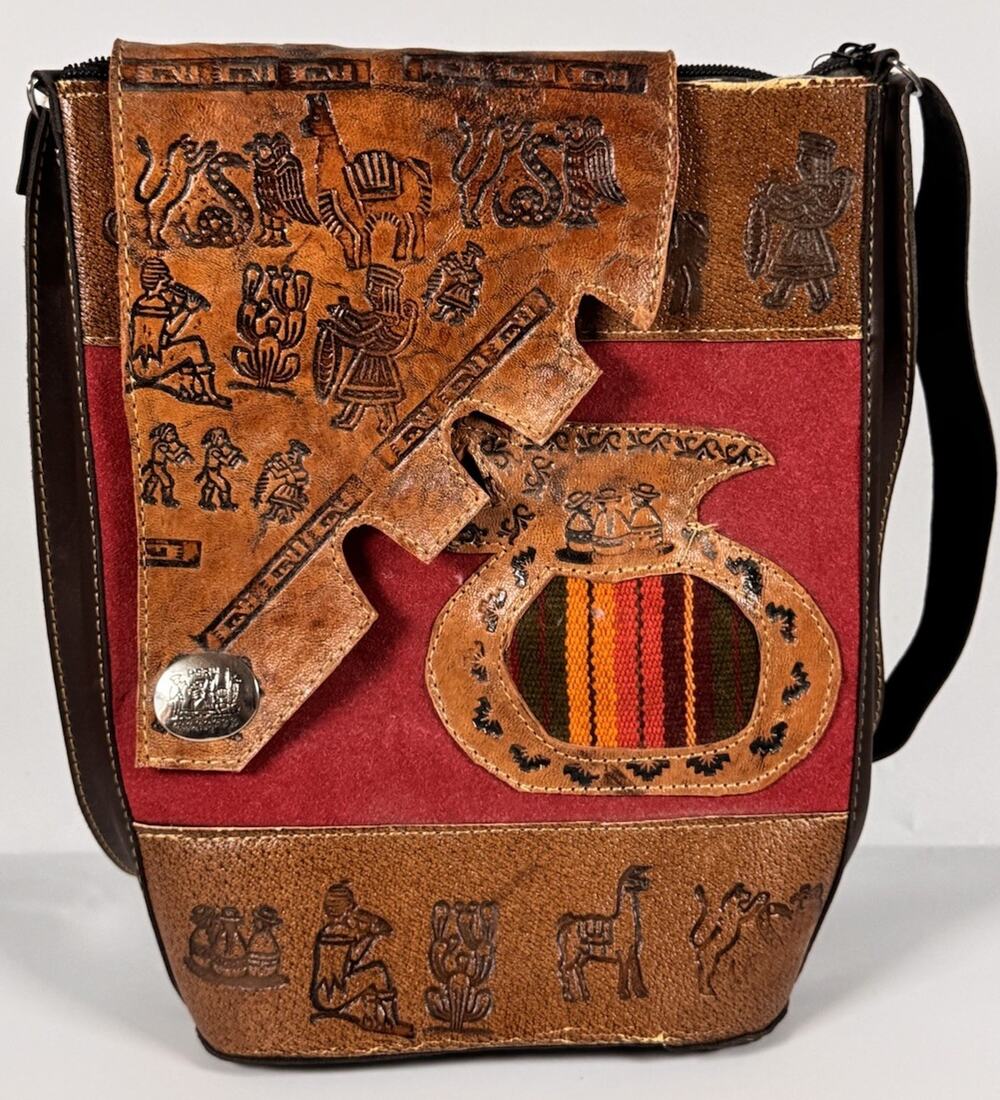 Vintage Peruvian Hand-Tooled Leather Crossbody Bag Folk Art Incan Motif Suede